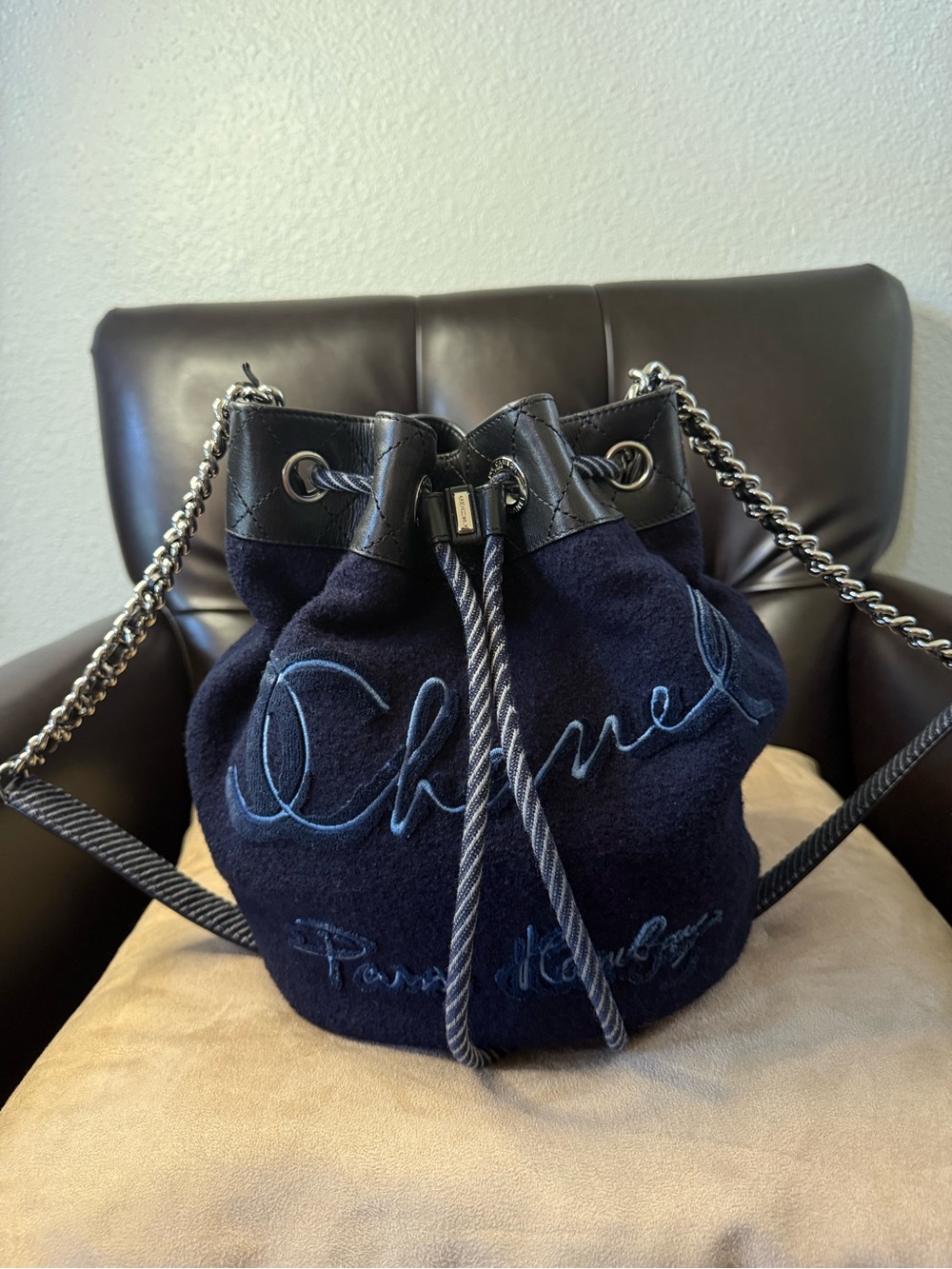 Authentic CHANEL Paris Hamburg Collection Blue Wool/Calfskin Leather Bucket Bag